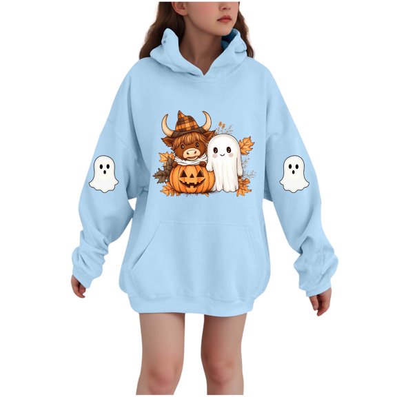 SERTG Children Halloween Printed Hooded Tops Long Sleeved Sweatshirt with Pockets Fleece Top Hooded Sweatshirt for Girls 3-14 Years(Light blue,3-4 Years)