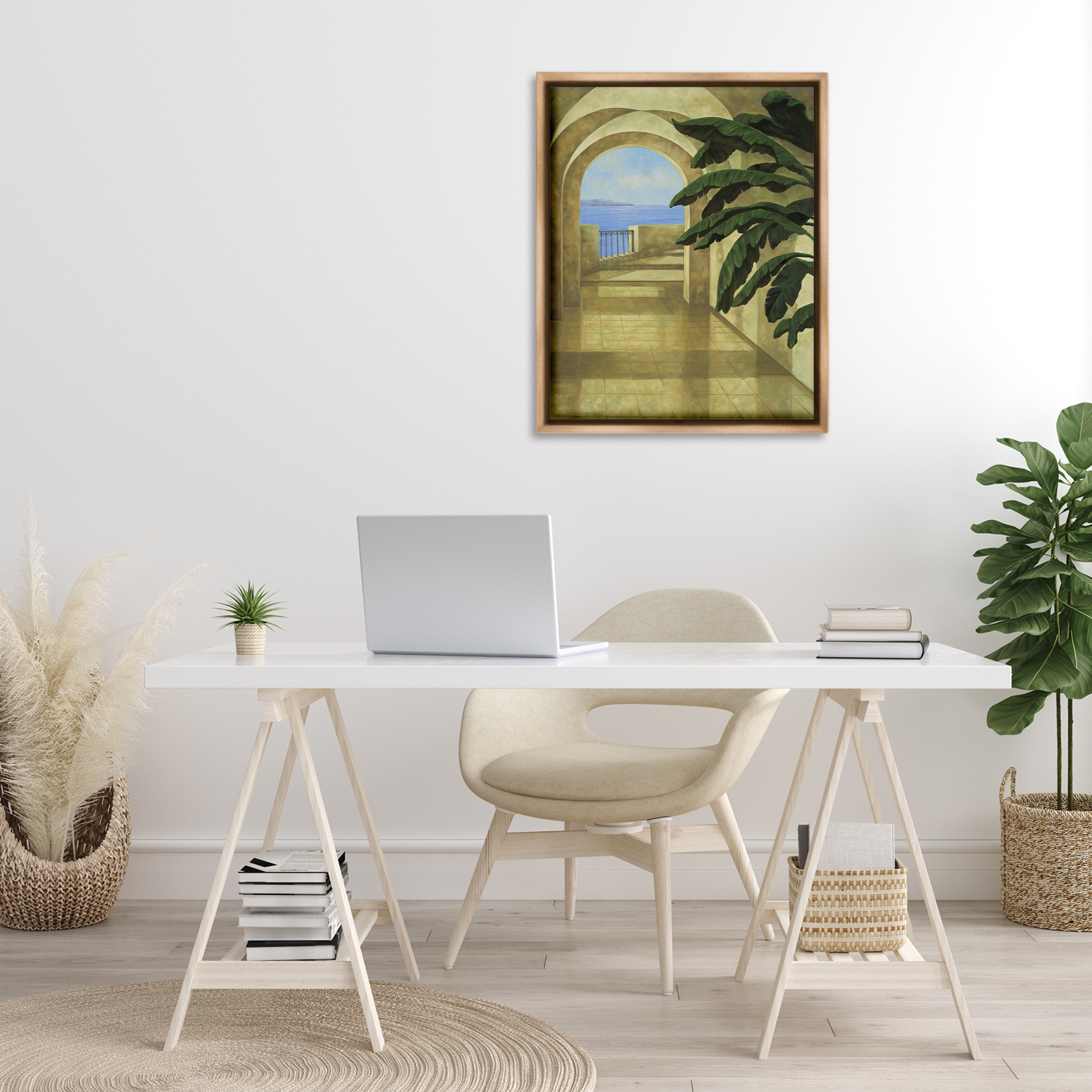 Stupell Industries Coastal Villa Palm Town & City Painting Brown Floater Framed Art Print Wall Art, 25 x 31