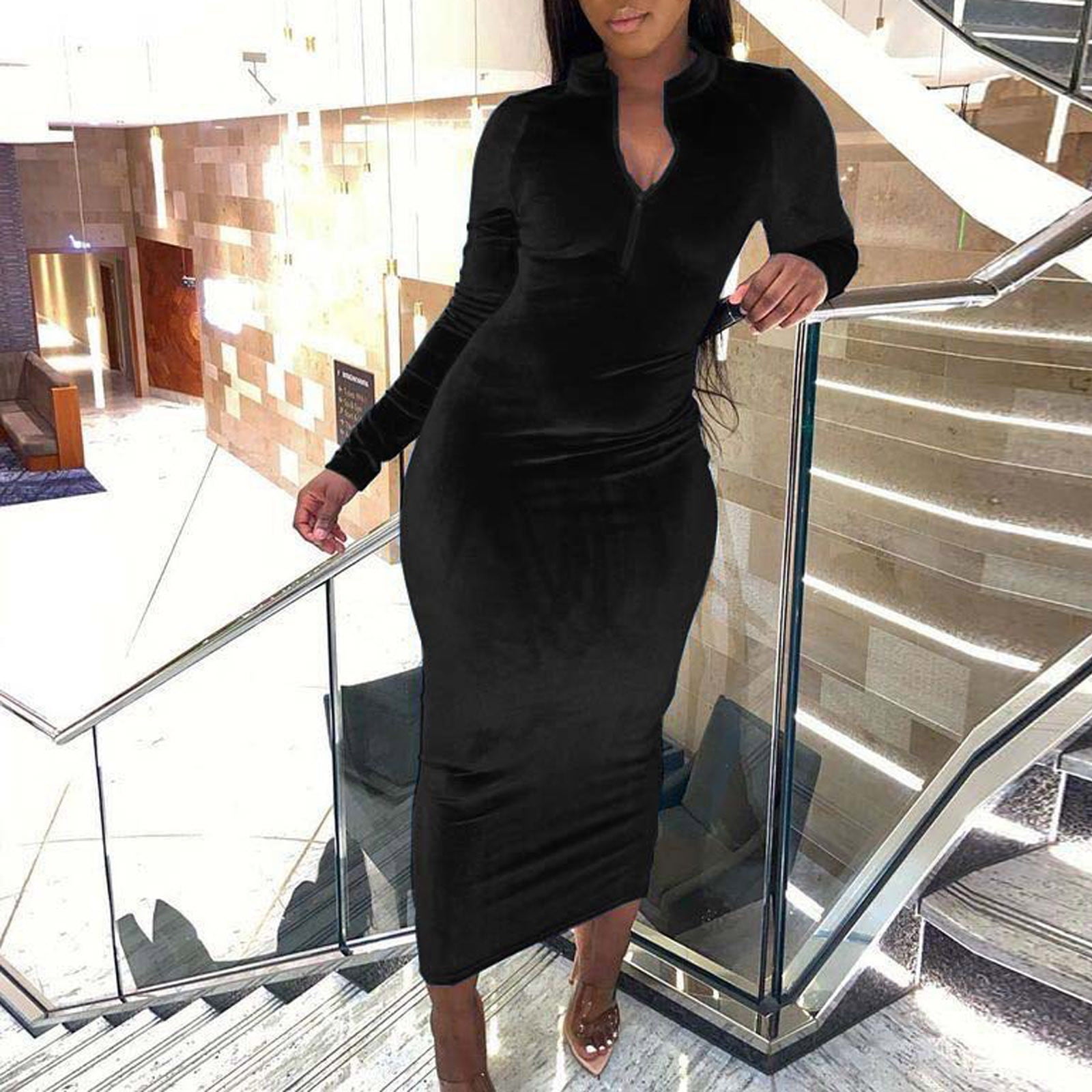 V-Neck Slim Suede Dress 