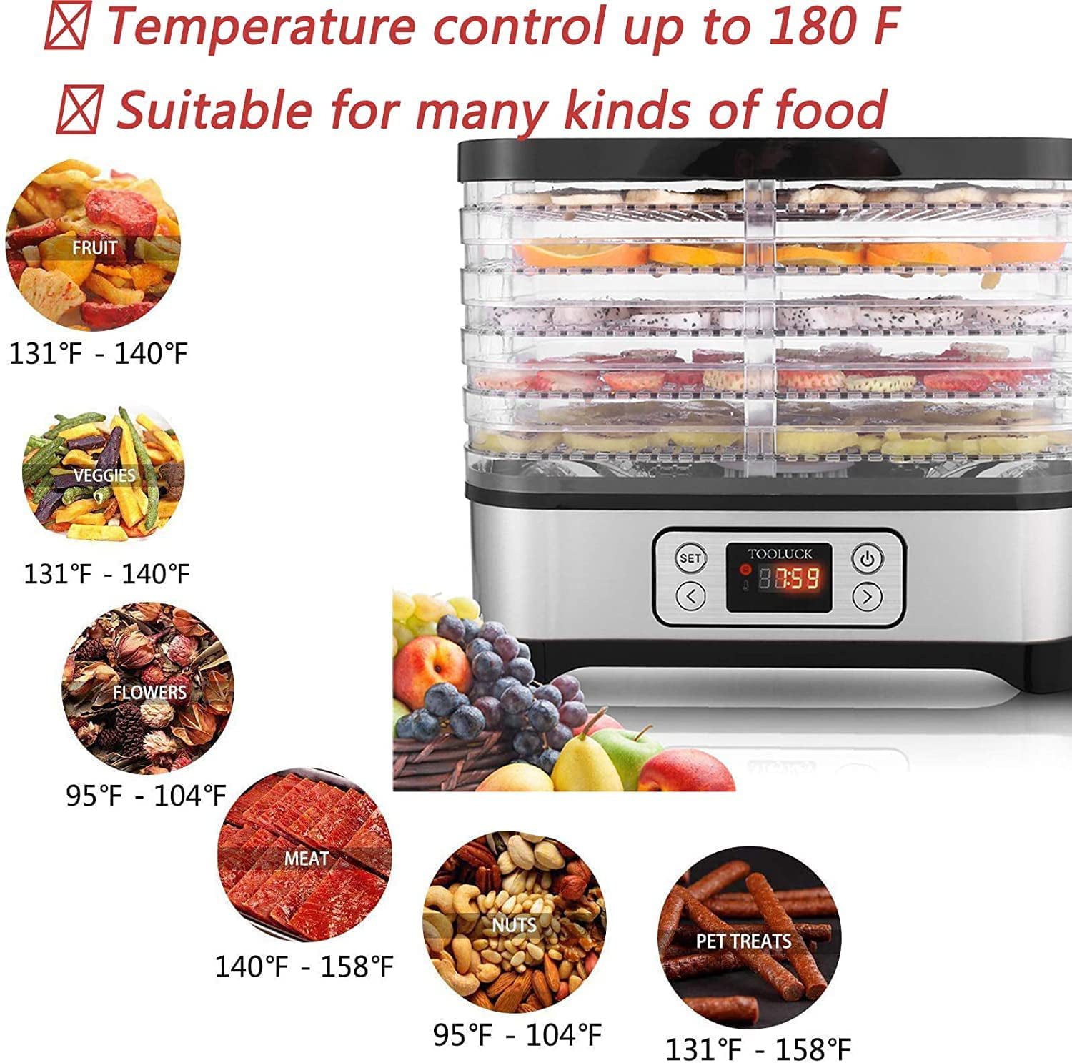 KUPPET Premium Countertop Food Dehydrator, Multi-Tier Food Preserver,  Digital Control Food Drying Machine in Home/Kitchen, 5 Drying Trays 