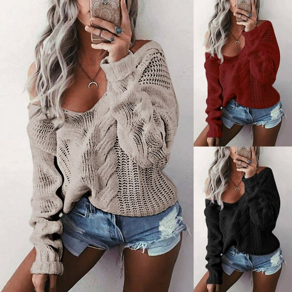 Fartey Womens V Neck Sweaters Oversized Cable Knit Off Shoulder Sweater Loose Fit Long Sleeve Crochet Pullover Sweater Fall Winter Solid Color Sweaters Red M