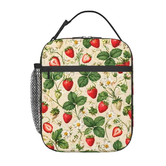 Strawberry Floral Lunch Bag Reusable Thermal Lunch Tote with Handle for Women and Men