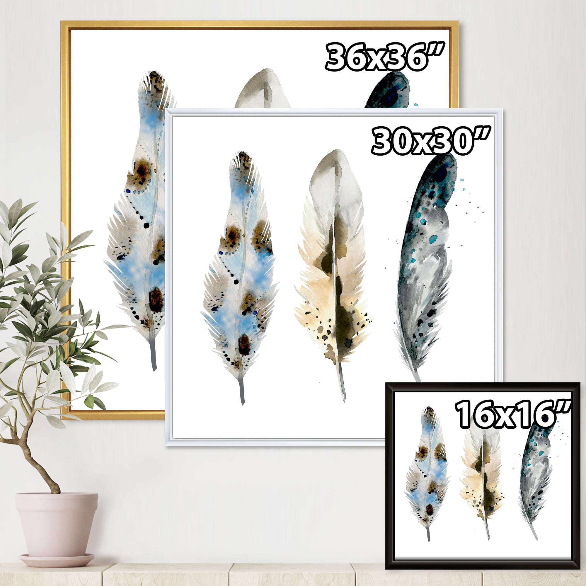 Designart 'Colourful Boho Art Feathers V' Bohemian & Eclectic Framed Canvas Wall Art Print