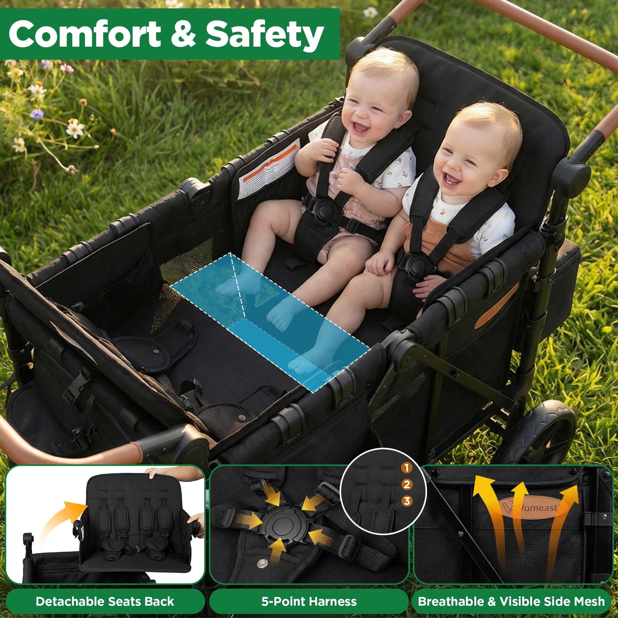 Vomeast Upgrade Wagon Stroller for 4 Kids, 4-Seater Outdoor Baby Stroller Wagon with Canopy, 5-Point Harness, Adjustable Handle(Black)