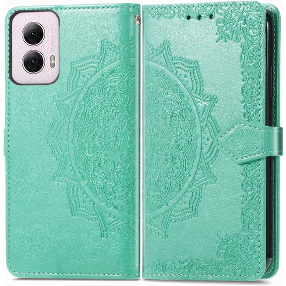 Wallet Case for Motorola Moto Edge 5G 2024 Case Leather Flip Folio Magnetic Shockproof Protective Cover with Card Slots and Lanyard Cover for Moto Edge 5G 2024. Mandala Green
