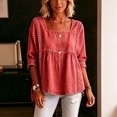 thumbnail image 2 of Morttic Women's Square Neck Faux Denim Mid Sleeve Blouse – Solid Color Casual Top with Lace Trim Front Summer Daily Outfit Red，XXL, 2 of 6