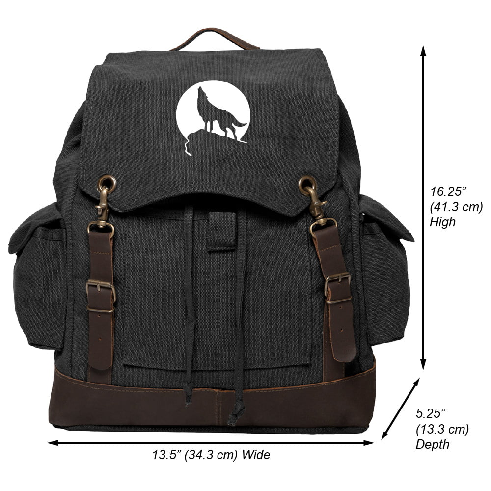 Howling Wolf Moon Vintage Canvas Rucksack Backpack with Leather Straps 