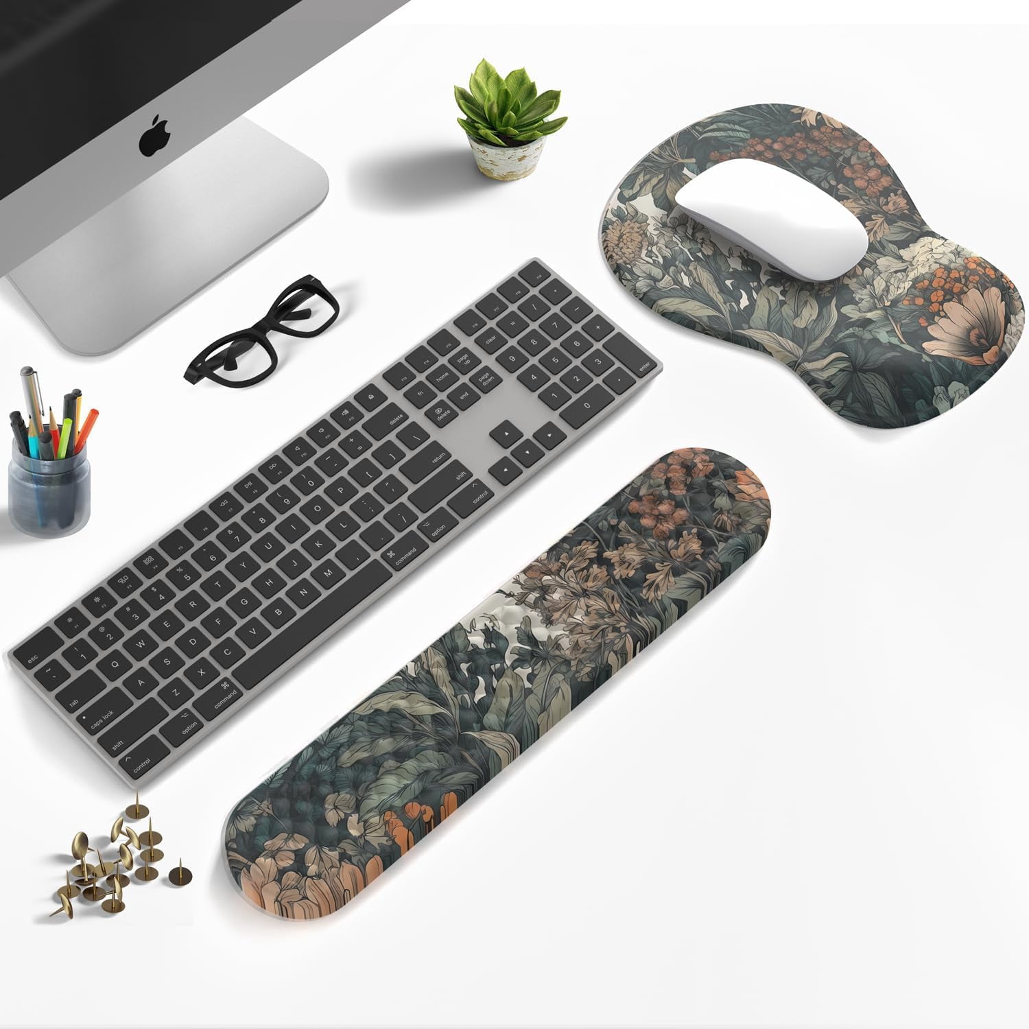 Boho Aesthetic Mouse Pad with Wrist Rest Keyboardpad Vintage Wildflowers Wrist Rest for Computer Keyboard Wrist Rest, Non-Slip Base Home/Office for Computer Keyboard, Made Easy Typing & Relieve