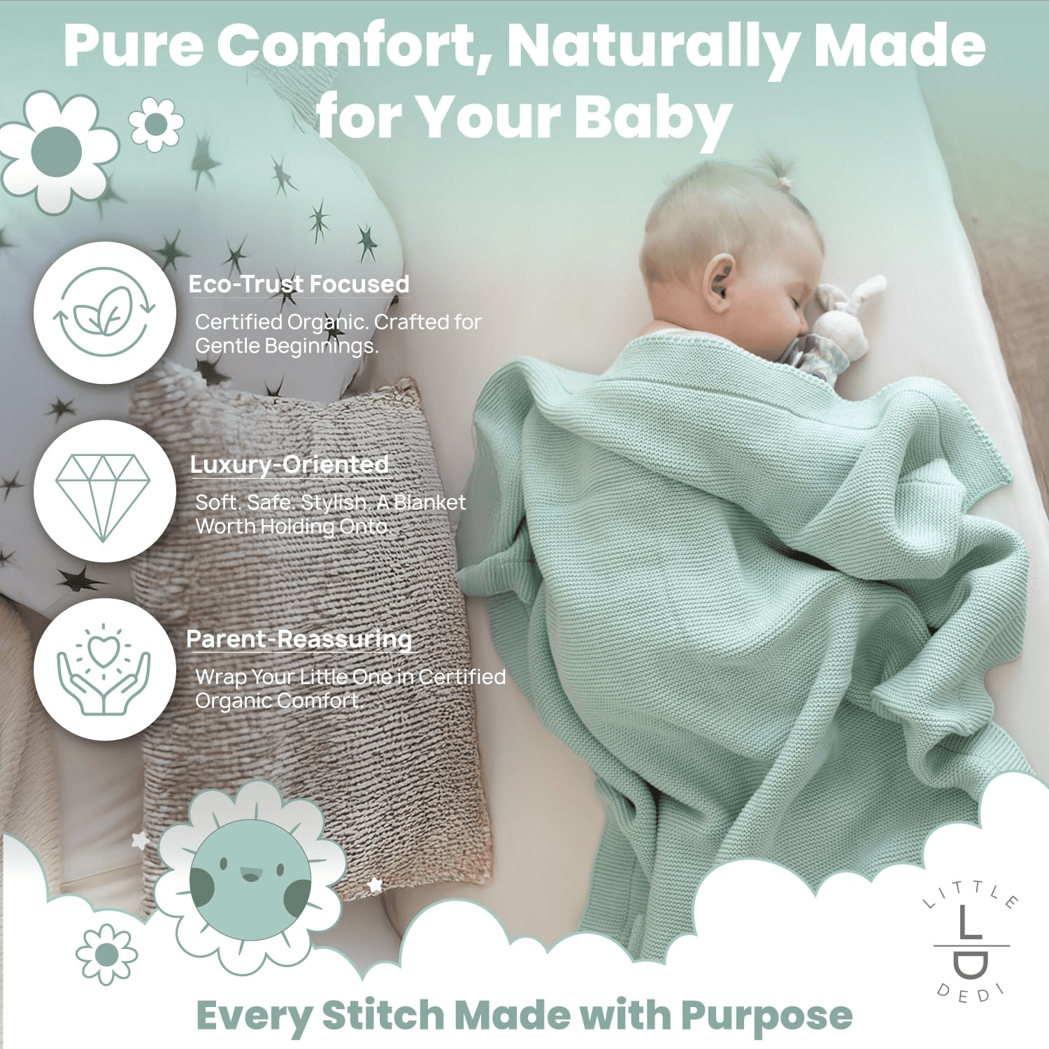 Little Dedi 100% Organic Cotton Baby Knitted Blanket with Gift Box - Soft Toddler, Crib, Stroller Blanket - Neutral Swaddle and Receiving Blanket for Newborns, 30"x40", Sage
