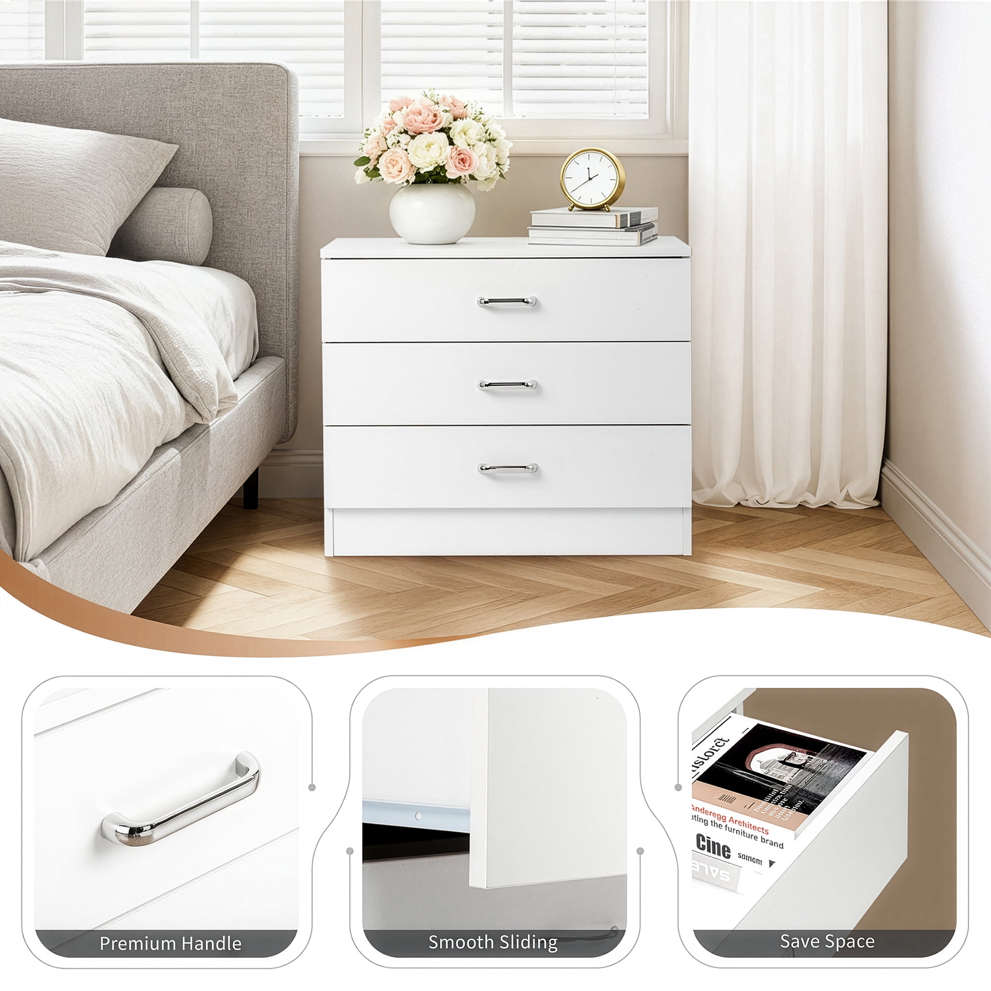3 Drawer Nightstand Storage Cabinet, Eco P2 Particleboard Bedside Table with Smooth Metal Drawer Slides for Bedroom Living Room Office
