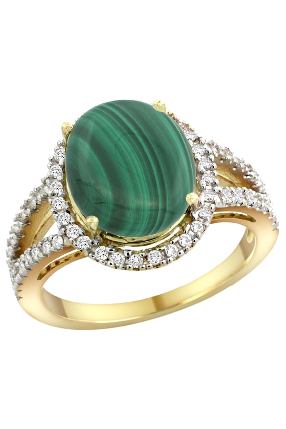14k Yellow Gold Natural Malachite Ring Oval 12x10mm Diamond Accents, size 9.5
