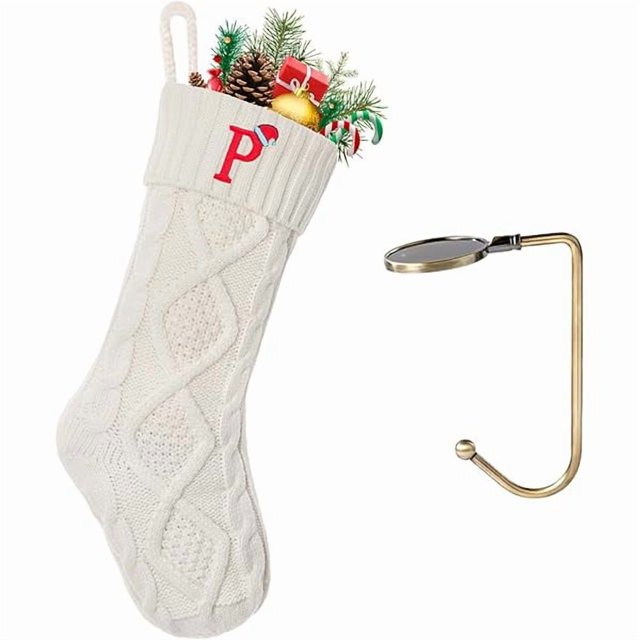 wonima44 Christmas Stockings with Initials, Letter P Embroidered Xmas Stockings, 18" Large Monogram Knitted Xmas Stocking, Christmas Party Fireplace Family Hanging Stocking Decorations(1 Pack, White)