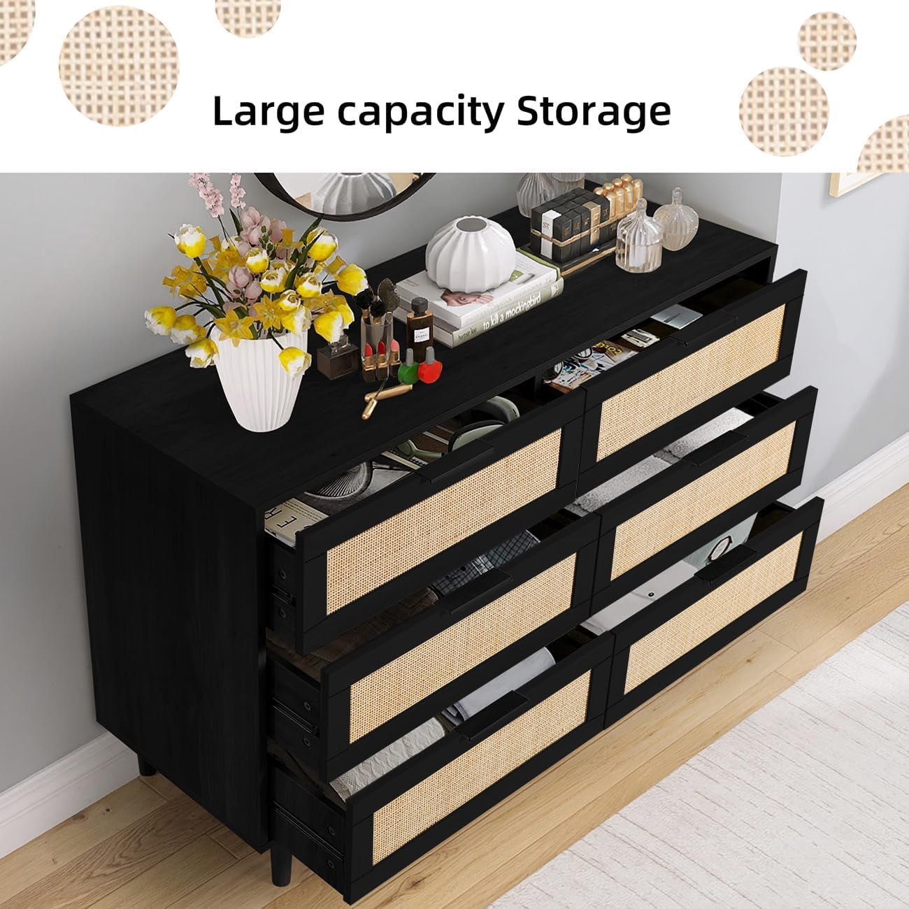 LAZZO 6-Drawer Rattan Dresser, Modern Chest of Drawers, Wooden Storage Organizer for Bedroom, Living Room & Hallway, Black