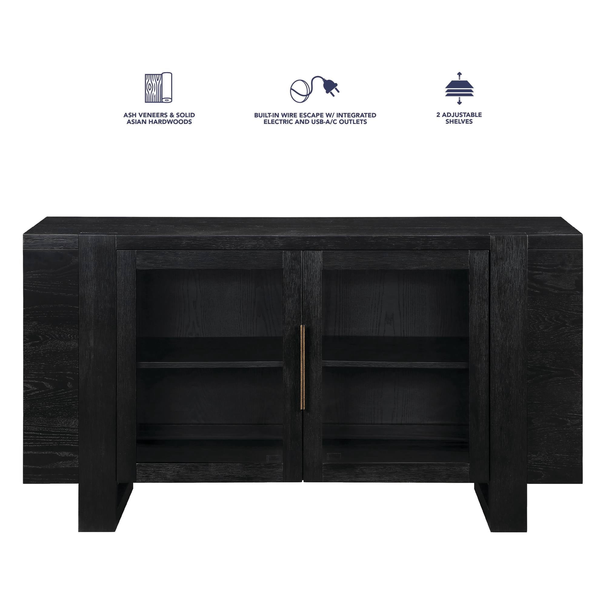 Steve Silver Reid 60 Inch Black Sideboard with Glass Doors & Charging Ports