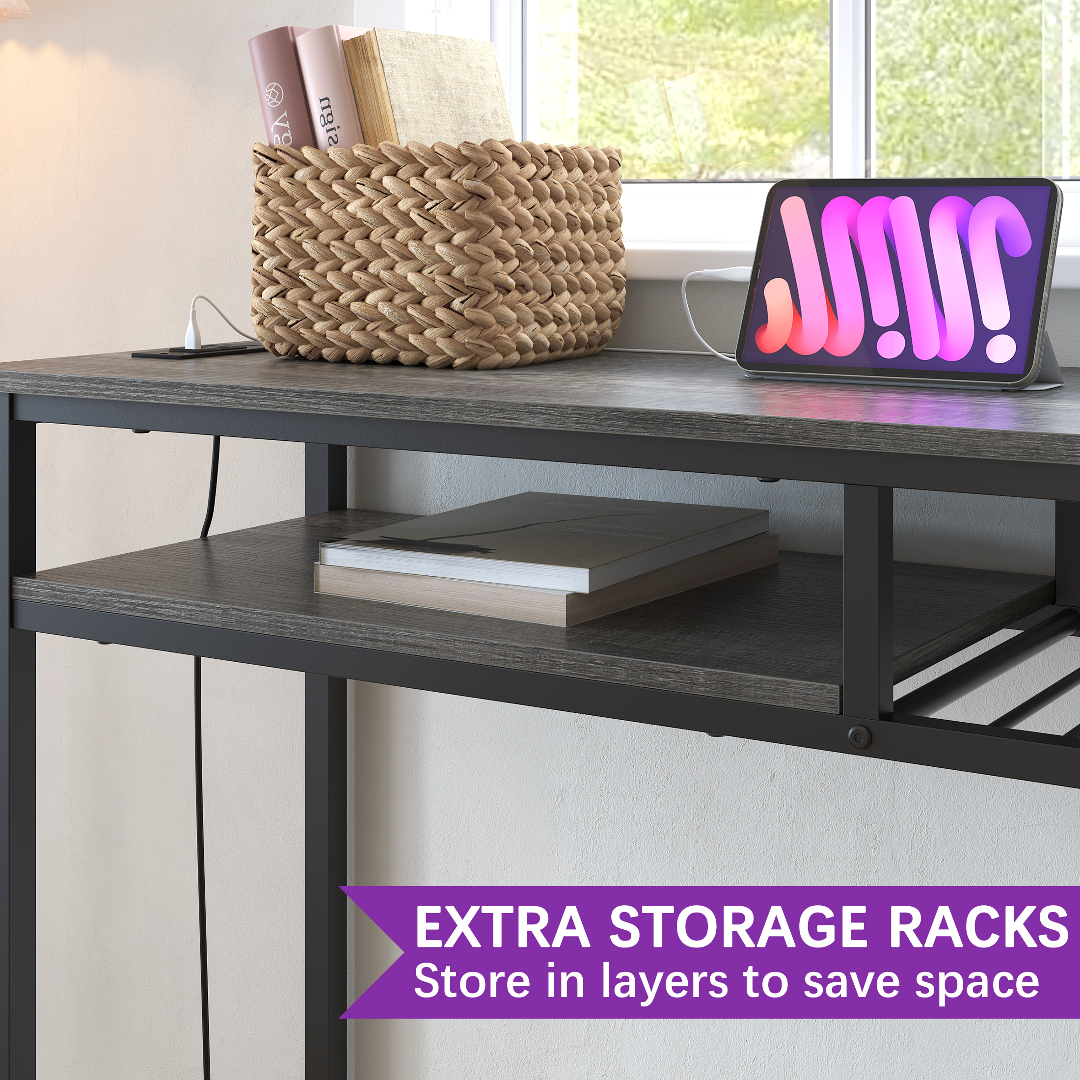Yoneston 47.25" Bar Table with Charging Station, Rectangular High Kitchen Dining Counter Table with 2 Storage Shelves for Living Room Office Balcony, Black Oak