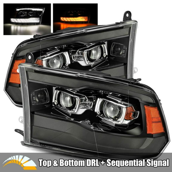 AlphaRex PRO-Series Smoke Black For 13-18 Ram 1500/2500/3500 Factory Projector Top and Bottom DRL/Switchback Sequential Signal Dual Projector Headlights