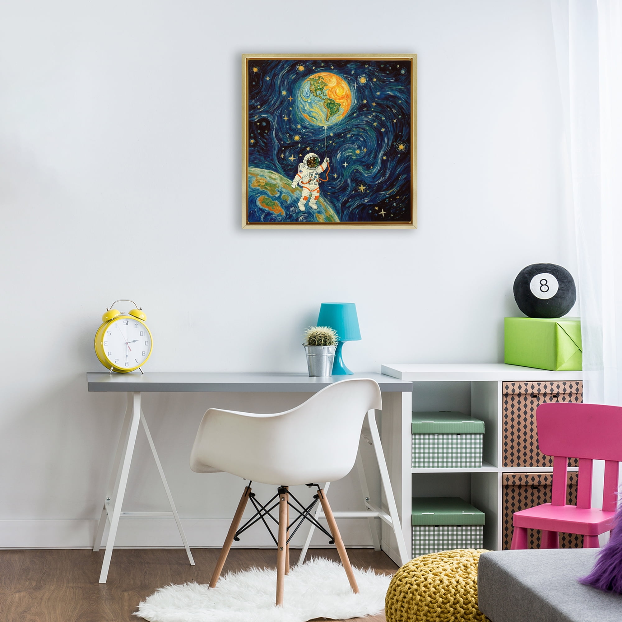Astronaut with Earth Balloon Gold Framed Floater Canvas Wall Art, design by Angie Hawke