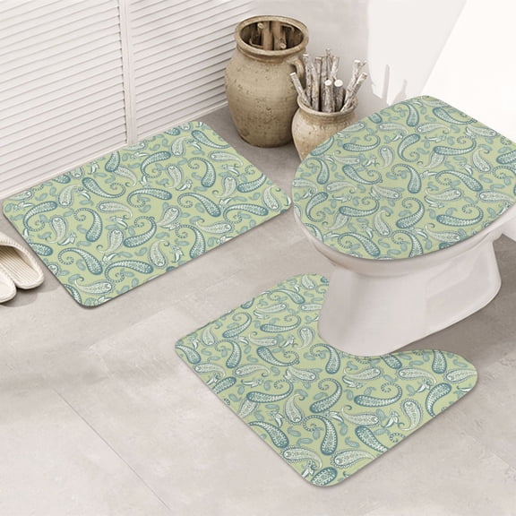 Bathroom Rugs Sets 3 Piece - Light Green Paisley Absorbent Non Slip Bath Mats, U-Shape Toilet Lid Cover, Contour Mat, Soft Washable Shower Mats Bath Rug Mat for Bathroom Tub Toilet