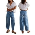 thumbnail image 3 of Women'S Casual Loose Low-Rise Denim Cropped Pants Elastic Waistband Pockets Light Blue L, 3 of 8