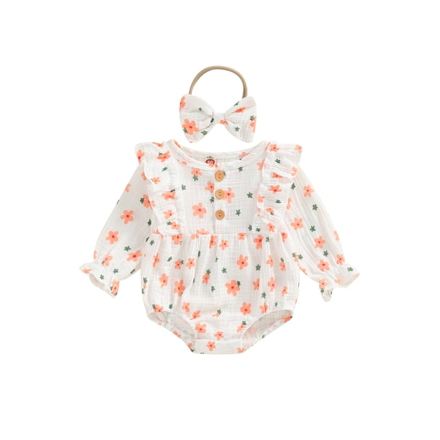 Gupgi Nouveau-Né Fille Bodys à Fleurs Bébé Manches Longues Col Rond Floral Romper avec Bandeau