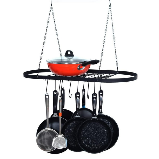 On shelves or hung from the ceiling with hooks
