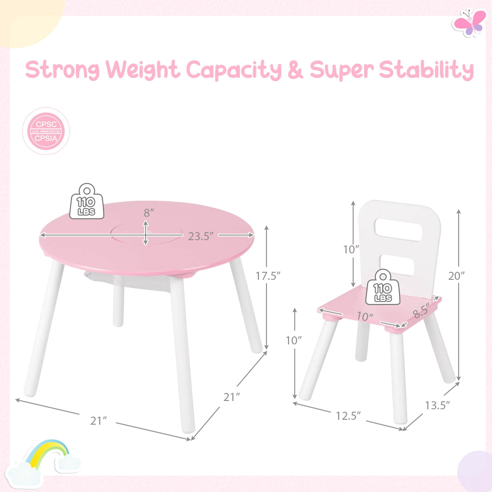 Infans Kids Wooden Round Table & 2 Chair Set w/ Center Mesh Storage Pink