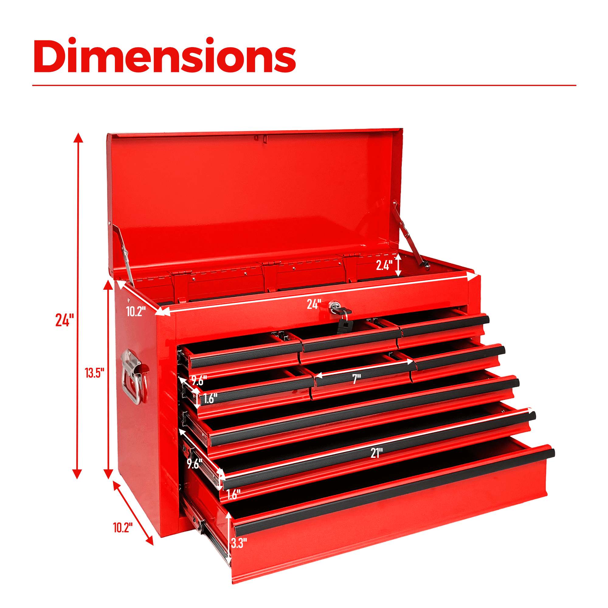 Heavy Duty Metal Tool Box,24 Inch Portable Tool Chest with 9 Drawers, Ball Bearing Slide Drawers with Auto-Locking System, Lockable Top Box Tool Organizer for Garage, Workshop, Truck,Red