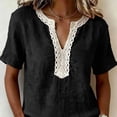 thumbnail image 7 of ClodeEU Women's Linen Blend V Neck Short Sleeve Top with Lace Trim ,Solid Color Casual Blouse Black,Womens Plus XL, 7 of 7
