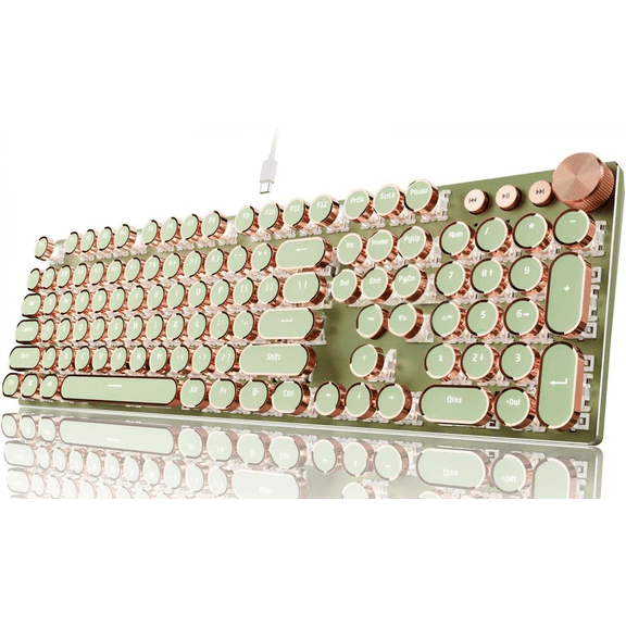 Wired Mechanical Keyboard with Retro Typewriter Design, Low Noise Pink Switches, White Backlight, Metal Panel, 104-Key Layout, Round Keycaps, Green