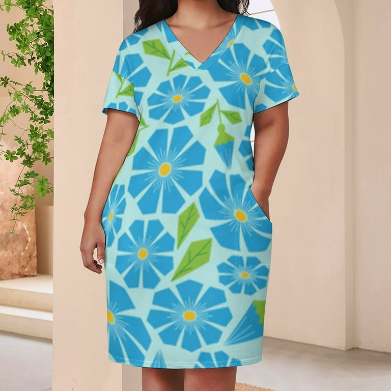 Blue Flowers Green Leaves Pattern Summer Sundress for Curve Women Casual  Pattern Plus Size V Neck Short Sleeve Loose Fit Oversize Dresses -  Walmart.com