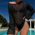 thumbnail image 2 of Pompotops Haut de Bikini de Plage Tricoté à Manches Longues et Col Rond pour Femmes, Couleur Unie, en Liquidation, 2 of 5