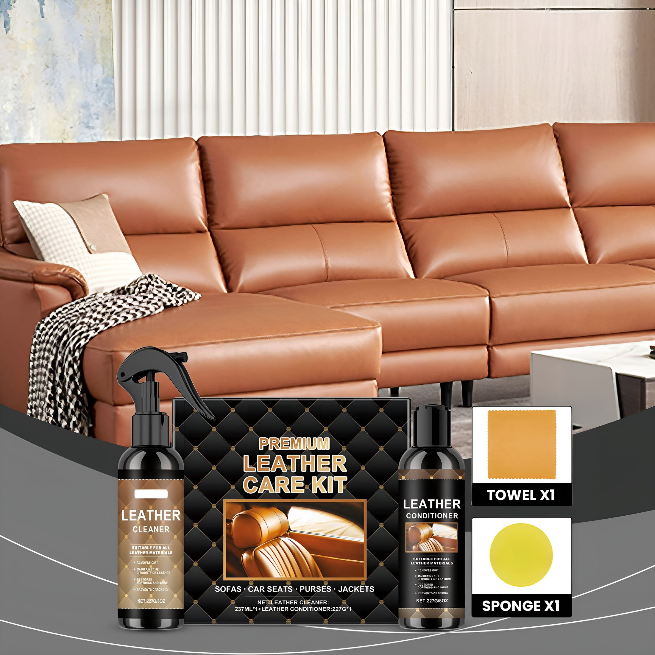 RAGUPEL Complete Leather Care Kit: 8Oz Cleaner, 8Oz Conditioner, Sponge and Towel, Non-Toxic Leather Care, Restore Couches, Car Seats and Interior, Jackets, Shoes and Bags, for Any Color