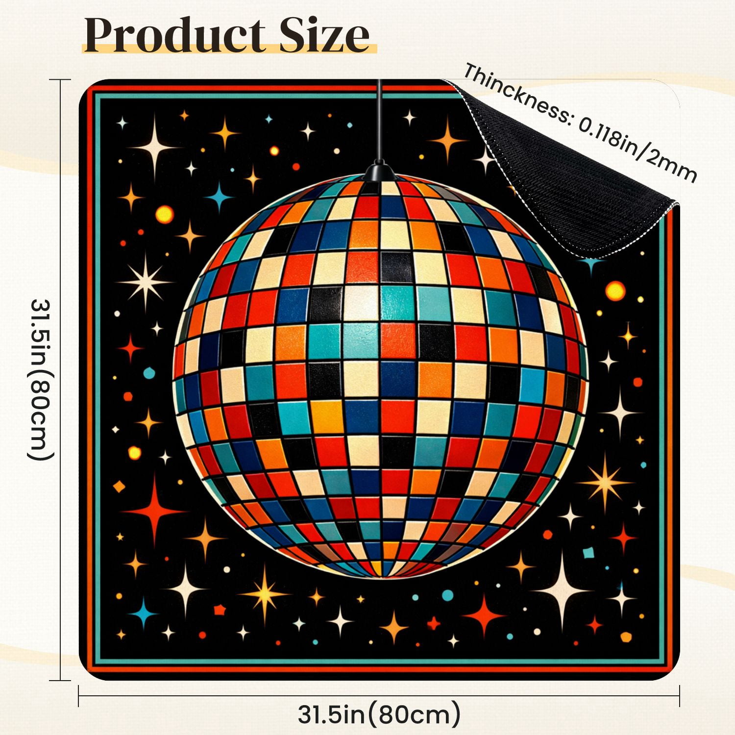 Mahjong Mat 31.5" x 31.5" Retro Disco Ball Colorful Geometric Tiles Sparkling Stars Non-Slip Noise Reduction Mahjong Tiles Table Cover for Dominoes Poker Card Board and Tile Games