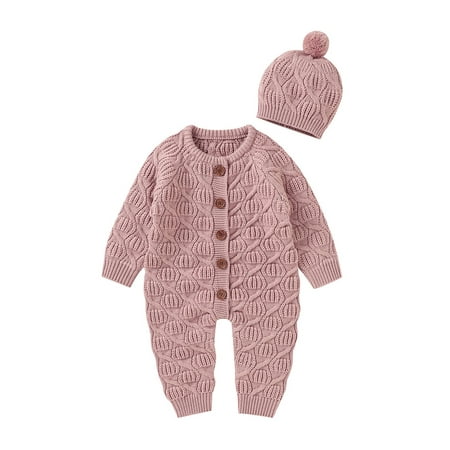 

Sunisery Newborn Baby Boys Girls 2Pcs Fall Winter Outfits Long Sleeve Romper Knitted Jumpsuit Bodysuit+Hat Sets Pink 3-6 Months