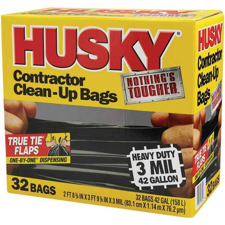 42 gal Poly-America HK42WC032B-M Black Husky 3-Mil Contractor Trash Bag,  32-Count
