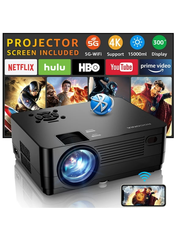ROCONIA 5G WiFi Bluetooth 4K Support Native 1080P, 15000LM Full HD Movie Projector, LCD Technology 300" Display Home Theater,(Projector Screen Included)