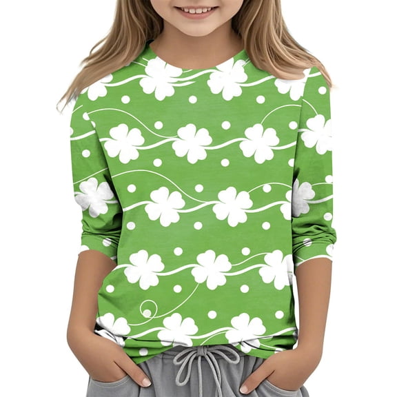 Girls St. Patrick's Day Shirts 3/4 Sleeve Crew Neck Print Pullover Tops Holiday Casual Loose Stylish T-Shirts (11 Years, Green-O)