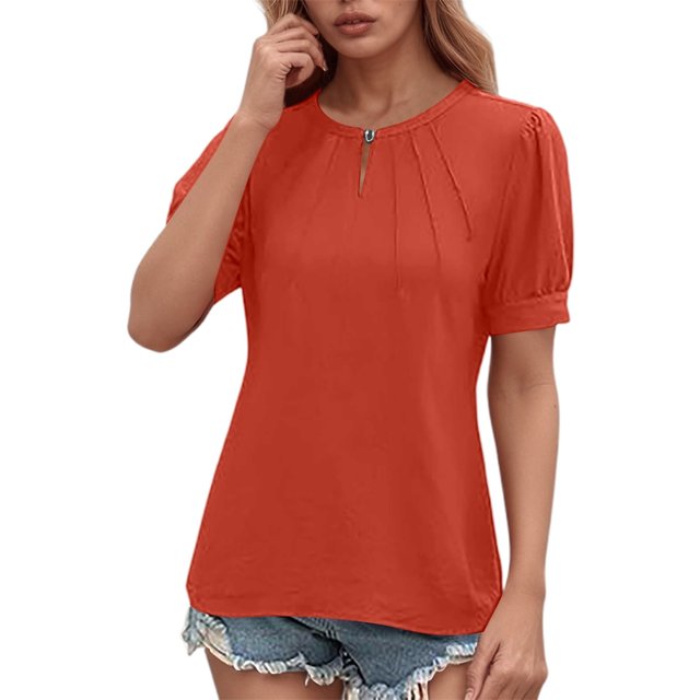 Camisa informal de manga corta para mujer: diseño calado, prenda de verano, perfecta con vaqueros o pantalones informales