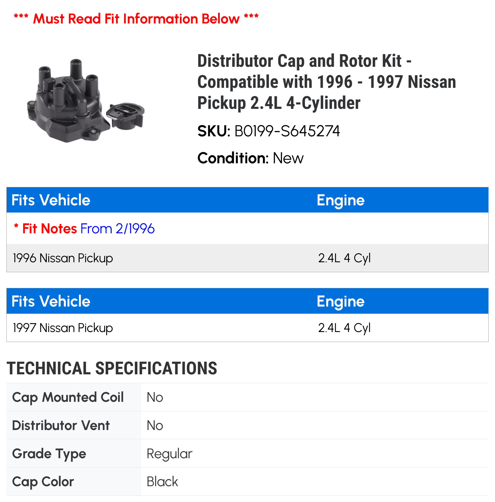 Distributor Cap and Rotor Kit - Compatible with 1996 - 1997 Nissan Pickup 2.4L 4-Cylinder