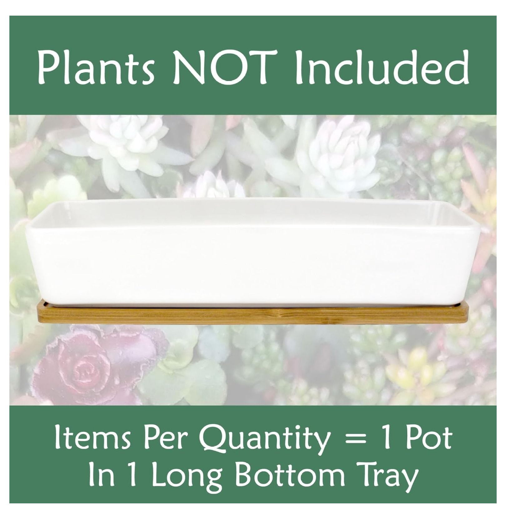Ceramic Plant Pots - 11" Long Rectangle White Planter with Bamboo Tray - Indoor Succulent & Flower Pots - Boho Chic Decor - Modern Minimalist Design