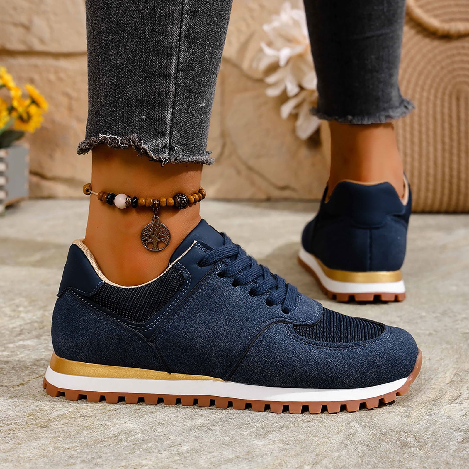 Dakaela Womens Fashion Sneakers 2025 Suede Classic Tennis Running Shoes Lace up Non Slip Trainer Walking Shoes Navy 8.5