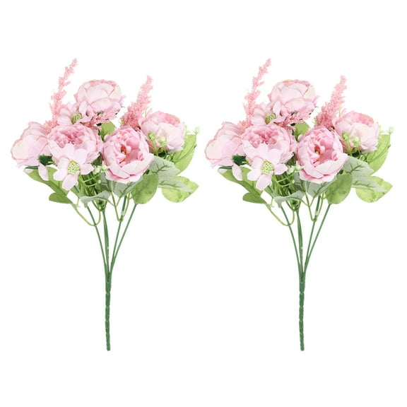 Uxcell 5 Branch Artificial Silk Peony Hydrangea with Stem, 2 Pack Fake Flowers Faux Chrysanthemum Bouquet, Pink