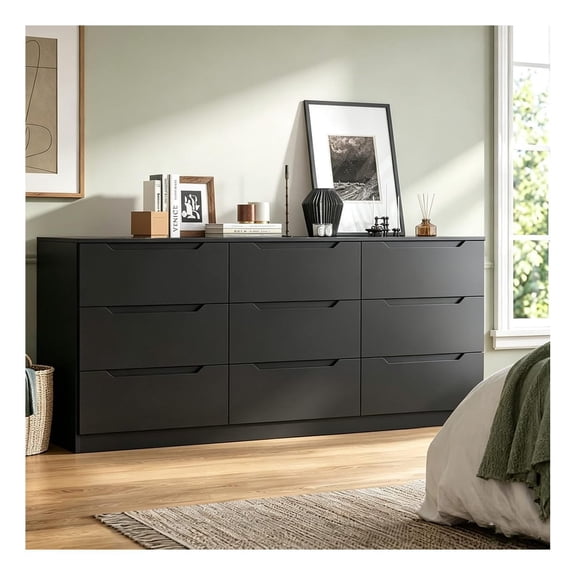 Dresser 9 Drawers, 63" Chest of Drawers for Bedroom, Modern Dresser TV Stand, Wood Drawer Organizer for Living Room & Hallway - Black