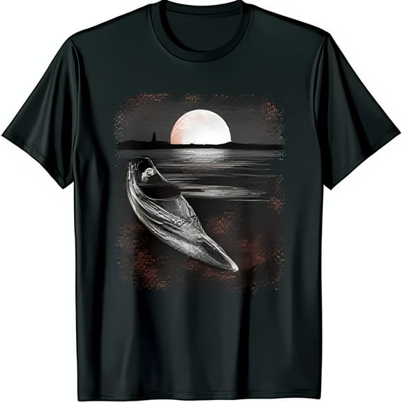 Vintage Black T-Shirt with Canoe and Full Moon Lake Shore Graphic