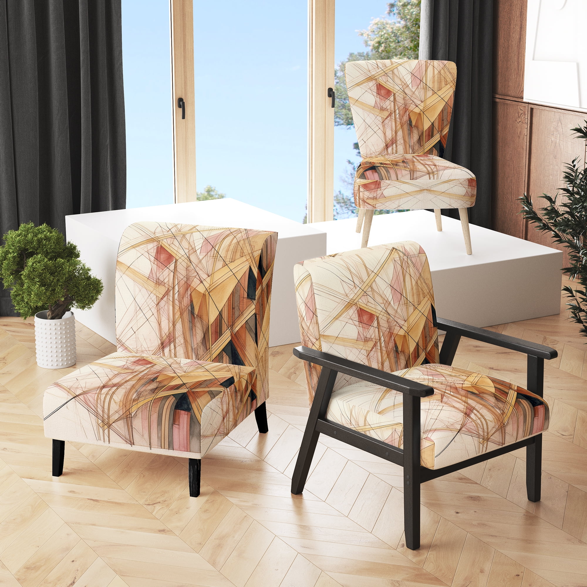 Designart Sleek Minimalist Gold and Beige Gold Lines Upholstered Accent Chair Modern Arm Chair For Living Room