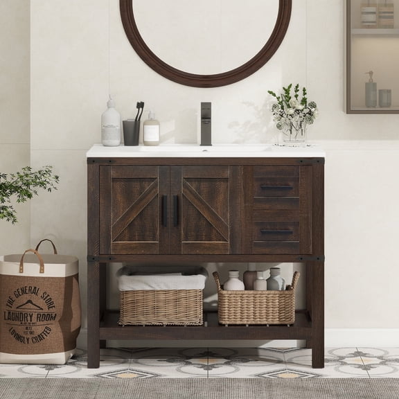 FULLWATT 36" Bathroom Vanity with Sink Combo, Rustic Farmhouse Vanity Cabinet with Ceramic Under Mount Sink, Faucet and Pop Up Drain Set, Two Sliding Drawers and Open Shelf, Rustic Brown​​