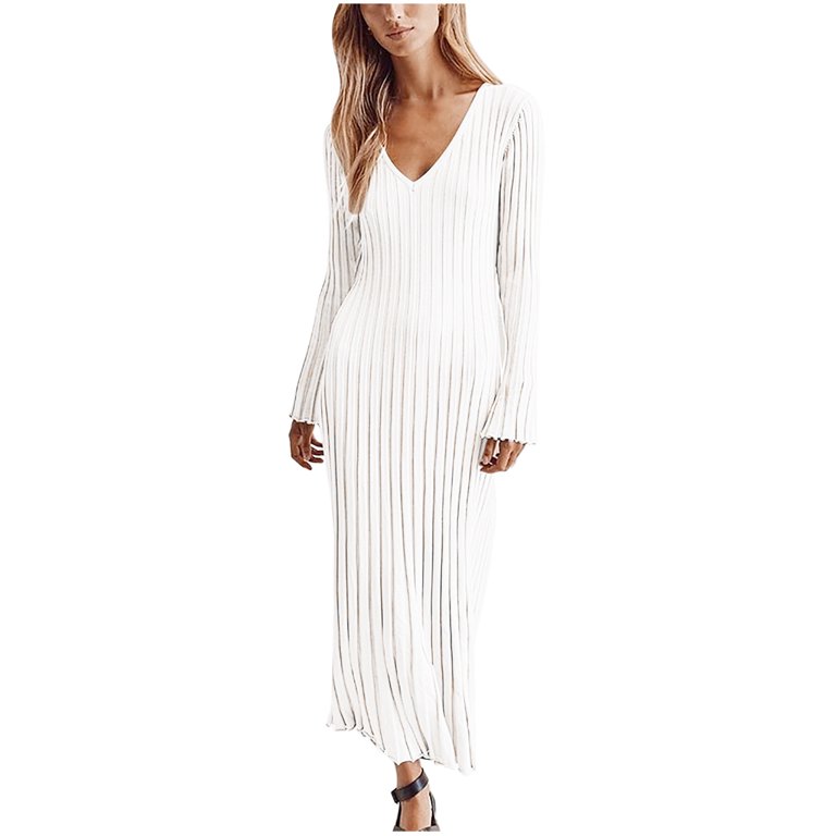 Usmixi Formal Dresses for Women Knitted Ribbed Party Prom Slim Wrap Formal  Dress V-Neck Long Sleeve Solid Summer Maxi Dresses White M - Walmart.com