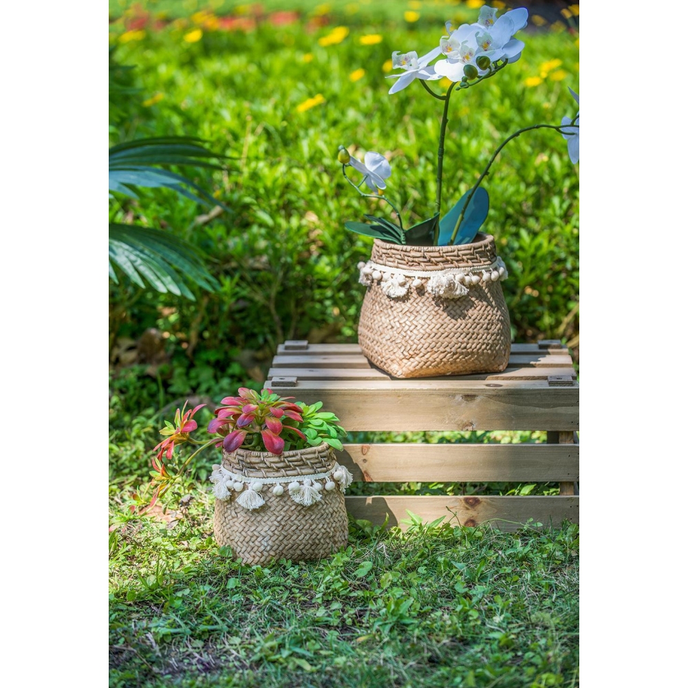 Set of 2 Brown Cement Planters – These Charming Planters Feature a Woven Tassel Accent, Perfect for Adding a Bohemian Touch to Your Home or Garden.