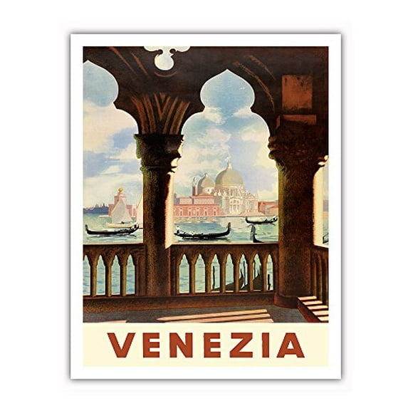 Venezia (Venice), Italy - Gondolas on Grand Canal - St. Mark's Basilica (Basilica di San Marco) - Vintage Travel Poster c.1938 - Fine Art Print 11in x 14in