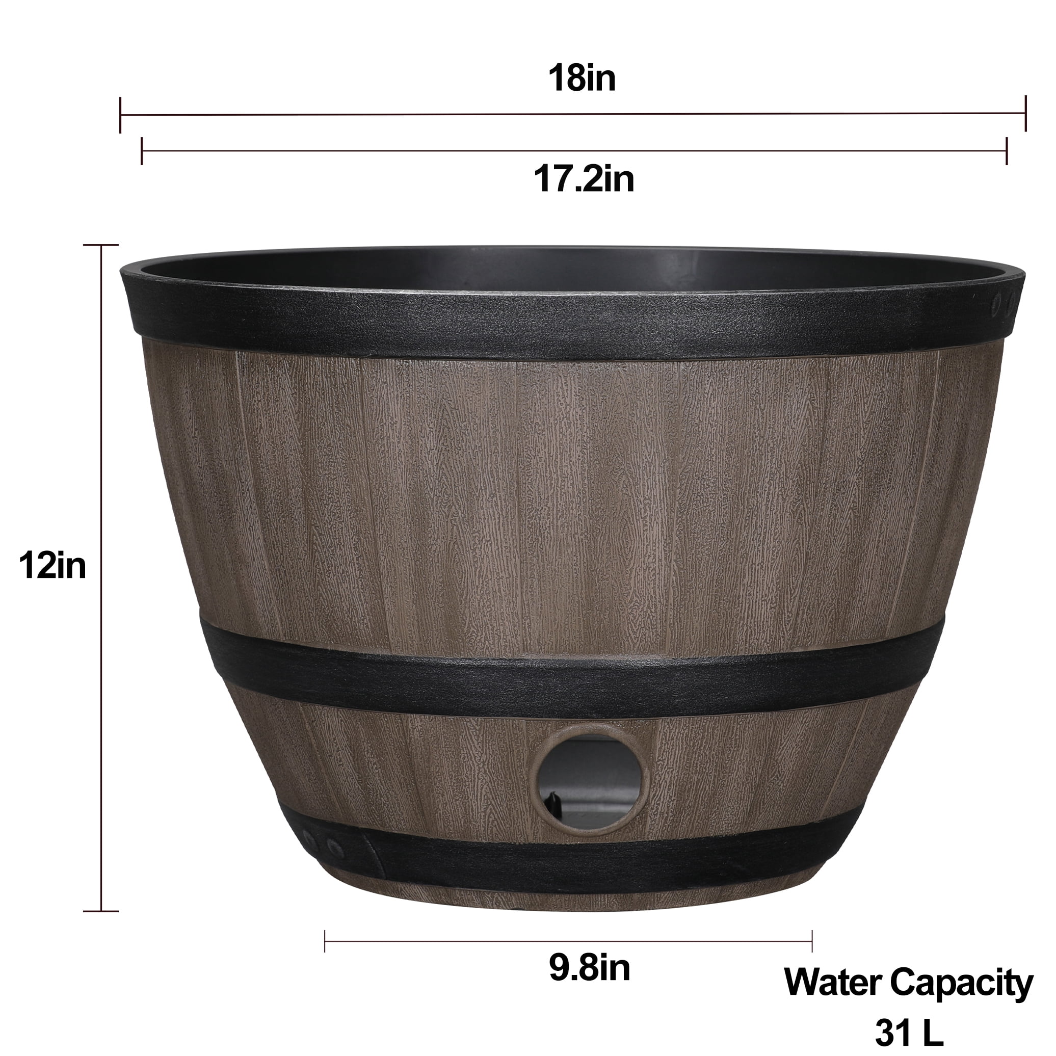 Expert Gardener Texas Whiskey Barrel Walnut Brown 100% Recycled Resin Hose Pot, 18 in x 18 in x 12 in, Removable Drainage Plug